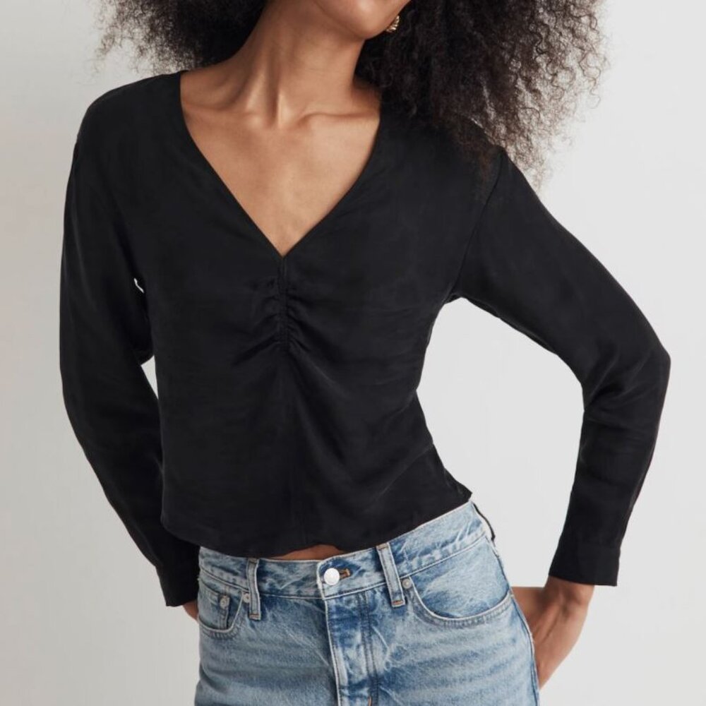 NWT Madewell | Cupro & Viscose Brushed Ruched-Front Top Long Sleeve Blouse | 2
